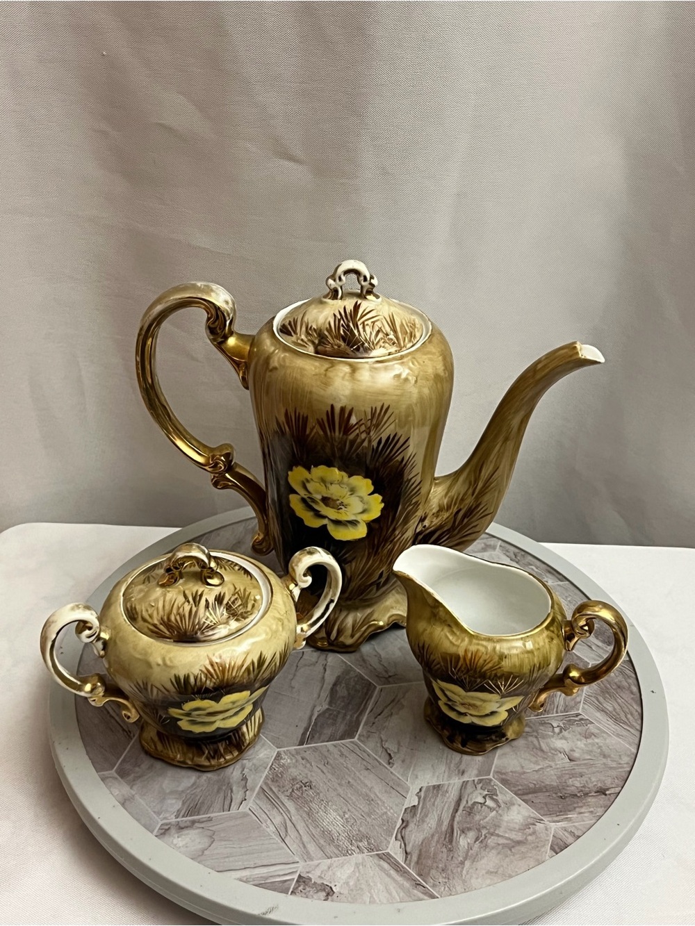 Gold Floral Porcelain Coffee Set with Yellow Accent